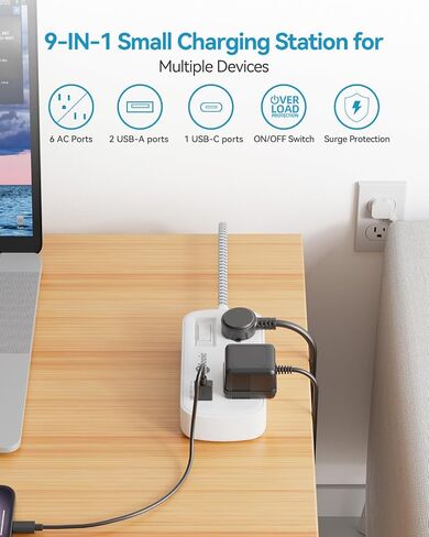 Short Extension Cord 2 Foot - Flat Plug Small Power Strip Surge Protetor with 6 Outlets 3 USB (5V/3.4A 17W) Charging Ports, Multi Plug Wall Outlet Splitter for Home Office Dorm Roomc, White in Kuwait