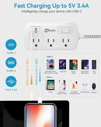 Short Extension Cord 2 Foot - Flat Plug Small Power Strip Surge Protetor with 6 Outlets 3 USB (5V/3.4A 17W) Charging Ports, Multi Plug Wall Outlet Splitter for Home Office Dorm Roomc, White in Kuwait