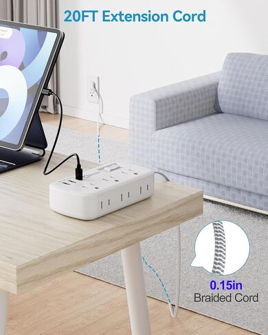 Short Extension Cord 2 Foot - Flat Plug Small Power Strip Surge Protetor with 6 Outlets 3 USB (5V/3.4A 17W) Charging Ports, Multi Plug Wall Outlet Splitter for Home Office Dorm Roomc, White in Kuwait