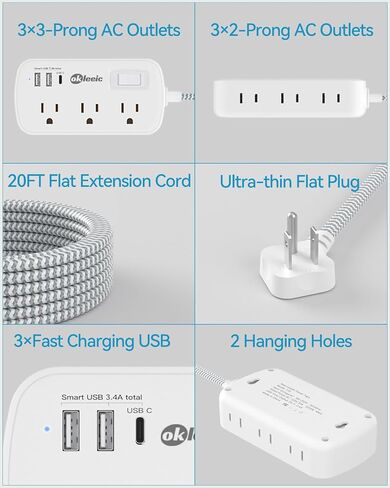 Short Extension Cord 2 Foot - Flat Plug Small Power Strip Surge Protetor with 6 Outlets 3 USB (5V/3.4A 17W) Charging Ports, Multi Plug Wall Outlet Splitter for Home Office Dorm Roomc, White in Kuwait