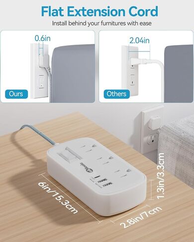Short Extension Cord 2 Foot - Flat Plug Small Power Strip Surge Protetor with 6 Outlets 3 USB (5V/3.4A 17W) Charging Ports, Multi Plug Wall Outlet Splitter for Home Office Dorm Roomc, White in Kuwait
