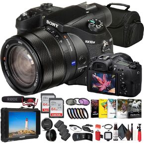 Sony Cyber-Shot DSC-RX10 IV Digital Camera (DSCRX10M4/B) with 4K Monitor + Rode VideoMic + Filter Kit + Wide Angle Lens + Telephoto Lens + 2 x 64GB Card + 3 x NPF-W50 Battery + More