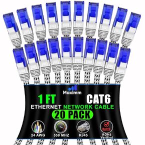 Maximm Cat 6 1ft Ethernet Cable, Braided Network Cable Cat6 with RJ45 connectors, Gigabit LAN Cable 1000 Mbps High-Speed Internet, White (20 Packs)