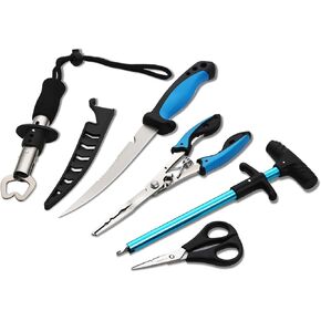 5pc Fishing Tool Kits - Fishing Pliers, Fillet Knife with Sheath, Stainless Steel Fish Lip Gripper, Fishing Hook Remover and Big Horse Fishing Scissor Line Cutter