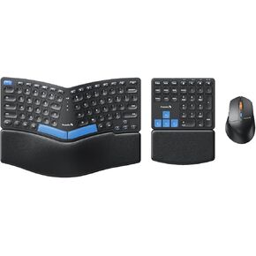 ProtoArc Ergonomic Keyboard Mouse, EKM04 2.4GHz Wireless Ergo Keyboard Mouse Combo, Separate Numeric Keypad, Split Design, Wrist Rest, Rechargeable, for Desktop, PC, Laptop, Windows - Blue Space Key
