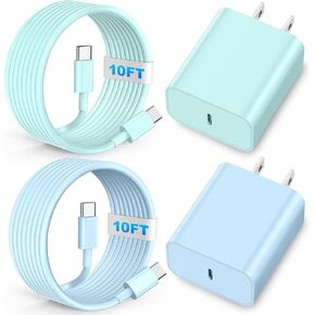 i Phone Charger Fast Charging, 2Pack Type C Charger Fast Charging, 60W 10FT USB C Cable, 20W USBC Block, Compatible with i Phone 15/16 Pro/Max/Plus - Blue Green