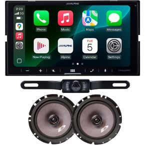 Alpine iLX-W770 Digital Multimedia Receiver with CarPlay and Android Auto, Alpine SXE-1726S 6 1/2" 2 Way Coaxial Speakers (Pair) and License Plate Camera