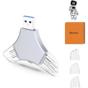 USB 3.0 Flash Drive 64gb for iPhone, 3in1 External Memory Picture Keeper Storage Stick for Photo/Video/Data Saver/Backup, V7.25High Speed Thumb Drives for iPhone/iPad/Android/PC - Thundercloud