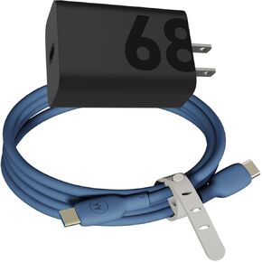 Motorola TurboPower 68W Charger + Blue 6.6ft (2m) Silicone Type-C Cable Bundle