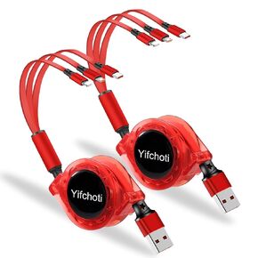 2 Pack 3 in 1 Multi USB Retractable Fast Charger Cable,Multiple Charging Cord Adapter with IP/Micro USB/Type C Port Adapter, Fast Charging Compatible with Cell Phones Tablets Universal Use
