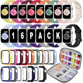 16 Pack Sport Band Compatible with Apple Watch Bands 40mm 41mm 42mm 44mm 45mm 46mm for Women Men, Silicone Strap with Screen Protector Bumper Case&Storage Organizer for iWatch Series 10 9 8 7 6 5 4 SE