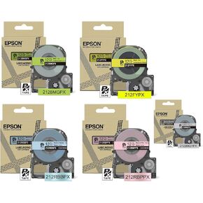 Epson LabelWorks Spring Easter Bundle - 5 Spring Colored Tapes, Green Pink Blue Yellow Grey - 212BMGPX, 212RBBPX, 212RBPPX, 212FYPX, 212BMGYPX