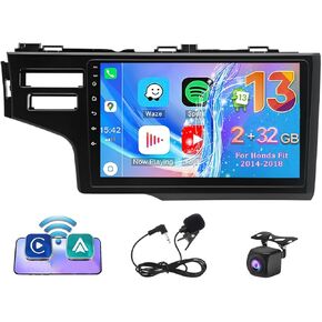 9" Android 13 Wireless CarPlay Android Auto Car Radio Receiver for Honda Fit 2014-2018, 2+32G Touch Screen Double Din Car Stereo with GPS Navigation WiFi Bluetooth AHD Backup Camera Mic