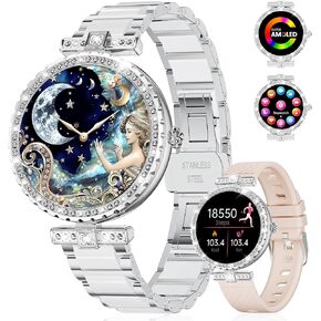 LIGE Smart Watches for Women with Diamonds for Android iOS, 1.19" AMOLED Smartwatch with 24/7 Heart Rate, Sleep Monitor, IP68 Waterproof, Make/Answer Call, 110+ Sport Modes, Ceramic Strap, Silver