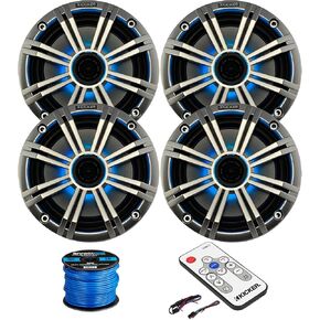KICKER 6.5" 2-Way 195 Watt Max Power Marine Audio Multicolor LED Speakers (Qty 4) with Silver Grilles, LED Speaker Remote Control, 50-Feet 16-Gauge Speaker Wire