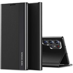 Flip Case for Samsung Galaxy S22 Ultra Case S View, Luxury Electroplating Ultra Slim for Samsung S22 Ultra Phone Case, PU & PC Hybrid Shockproof Flip Folio Cover Fit 6.8" Smartphone (Black)