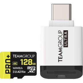 TEAMGROUP PRO+ Micro SDXC UHS-I U3 A2 V30 128GB Memory Card TPPMSDX128GIA2V3003 Bundle with Ultra CR I MicroSD Memory Card Reader TWCRIW01