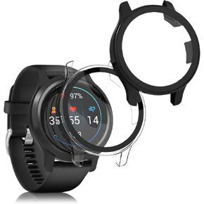 kwmobile Cover Comaptible with Garmin Venu 2S Covers - 2X Tempered Glass with Plastic Frame - Black/Transparent