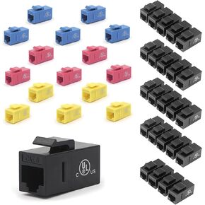 VCE UL Listed 25-Pack CAT6 RJ45 Keystone Inline Coupler-Black Bundle with 15-Pack Blue+Red+Yellow CAT6 Keystone Coupler