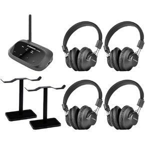 Avantree Quartet & Headphones Stand Bundle: 4 Wireless Headphones & 1 Transmitter + 2 Dual Headphone Stands for Group Listening and Desk Organization