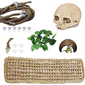 PINVNBY Bearded Dragon Tank Accessories,Lizard Habitat Hammock Reptile Natural Coconut Shell Cave Jungle Climber Bendable Vines Leaves Decor for Gecko Chameleon Snakes Lizards(5 Pcs)