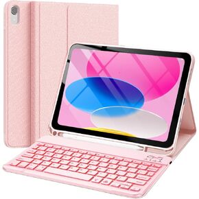 iPad 10th Generation Case with Keyboard (10.9", 2022) - 7 Color Backlit, Detachable, Wireless, Magnetic Folio Cover Case, Pencil Holder for Apple iPad 10 Gen - Pink