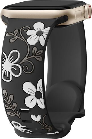 Witzon Floral Band Compatible with Apple Watch Bands For Women 40mm 41mm 38mm 42mm 44mm 45mm 49mm, Engraved Cute Flower Soft Silicone Inlay Dressy Strap for iWatch Series 9 8 7 6 5 4 3 2 1 SE Ultra in Kuwait