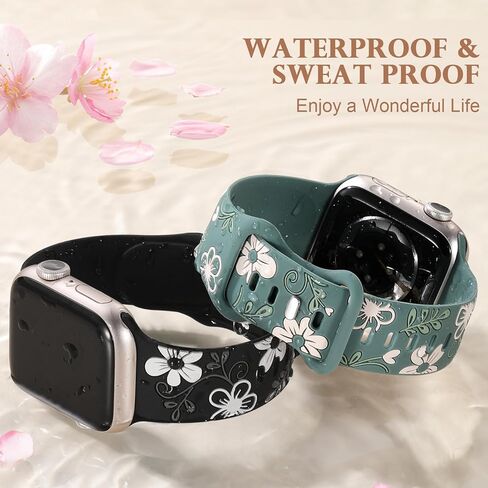 Witzon Floral Band Compatible with Apple Watch Bands For Women 40mm 41mm 38mm 42mm 44mm 45mm 49mm, Engraved Cute Flower Soft Silicone Inlay Dressy Strap for iWatch Series 9 8 7 6 5 4 3 2 1 SE Ultra in Kuwait