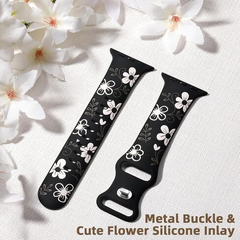 Witzon Floral Band Compatible with Apple Watch Bands For Women 40mm 41mm 38mm 42mm 44mm 45mm 49mm, Engraved Cute Flower Soft Silicone Inlay Dressy Strap for iWatch Series 9 8 7 6 5 4 3 2 1 SE Ultra in Kuwait