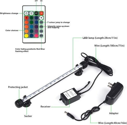 Aquarium Lights RGB Fish Tank Lights Underwater LED IP68 Waterproof Submersible Remote Control Aquarium Lid Hang Lights Color Changing Small Fish Aquarium Tank Waterfall Lighting, 7.5 inch in Kuwait