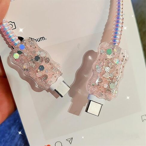 غطاء حماية كابل لطيف لشاحن iPhone، كابل بيانات لامع لامع كابل USB موفر للأسلاك تصميم على شكل أذن قطة Kawaii، موفر كابل الديكور، واقي سلك شاحن ناعم DIY لتغطية شاحن iPad in Kuwait