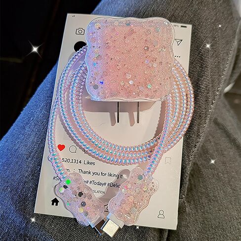 غطاء حماية كابل لطيف لشاحن iPhone، كابل بيانات لامع لامع كابل USB موفر للأسلاك تصميم على شكل أذن قطة Kawaii، موفر كابل الديكور، واقي سلك شاحن ناعم DIY لتغطية شاحن iPad in Kuwait