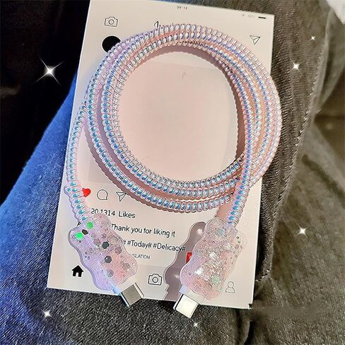 غطاء حماية كابل لطيف لشاحن iPhone، كابل بيانات لامع لامع كابل USB موفر للأسلاك تصميم على شكل أذن قطة Kawaii، موفر كابل الديكور، واقي سلك شاحن ناعم DIY لتغطية شاحن iPad in Kuwait