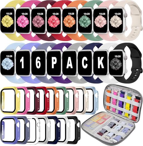16 Pack Sport Band متوافق مع نطاقات Apple Watch 40mm 41mm 42mm 44mm 45mm 46mm 46 مم للنساء ، حزام السيليكون مع حالة المصد من واقي الشاشة وتخزين منظم Iwatch Series 10 9 8 7 5 4 SE in Kuwait