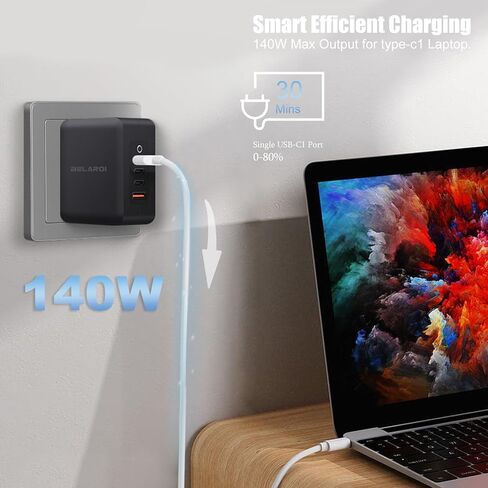 140W USB C Block Charger Charger ، PD 3.1 4-PORT GAN ACRGER ، 140 و WALLABLE CHARGE FARCHATION ، حجم صغير ووزن خفيف لأجهزة iPhone و Galaxy و iPad والمزيد (أسود) in Kuwait