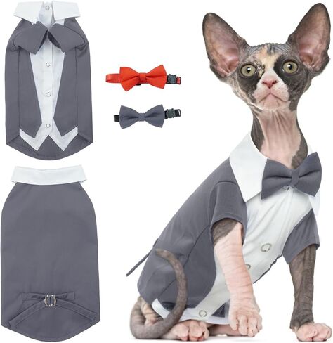 DENTRUN Cat Tuxedo Suit with Two Bow Tie، أنيق القط قميص الزي الرسمي، شعر القط الأزياء الملابس الملابس الفاخرة، هريرة الزي الرسمي الزفاف نيسيي زي للقطط فقط in Kuwait