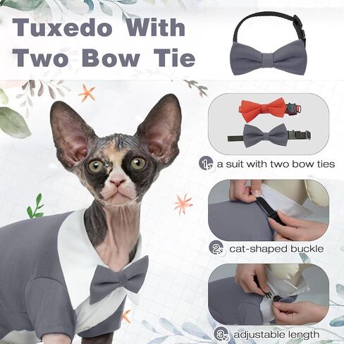 DENTRUN Cat Tuxedo Suit with Two Bow Tie، أنيق القط قميص الزي الرسمي، شعر القط الأزياء الملابس الملابس الفاخرة، هريرة الزي الرسمي الزفاف نيسيي زي للقطط فقط in Kuwait