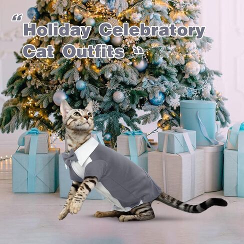 DENTRUN Cat Tuxedo Suit with Two Bow Tie، أنيق القط قميص الزي الرسمي، شعر القط الأزياء الملابس الملابس الفاخرة، هريرة الزي الرسمي الزفاف نيسيي زي للقطط فقط in Kuwait