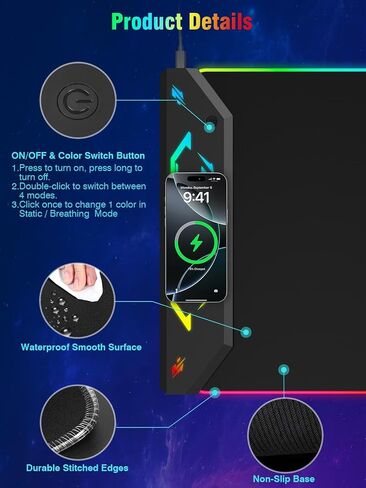 Gaming Mouse Pad, Magnetic Wireless Charging Mouse Pad Gaming, 35"x15.8" Large RGB Desk Mat for Laptop/Keyboard, 24 Light Effects, Non-Slip Base, Waterproof Ultra-Smooth Surface, with Adapter, Black in Kuwait