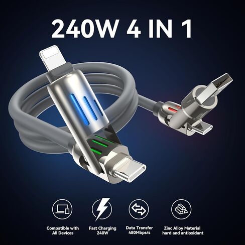 White Cat 4 in 1 Charging Cable,240W Chubby USB C Cable with Breathing Light, USB A/C to C/L Multi Charging Cable Fast Charging for iPhone,Pro Max MacBook, iPad Pro Air, SamSungS24, 4FT 2PC in Saudi Arabia