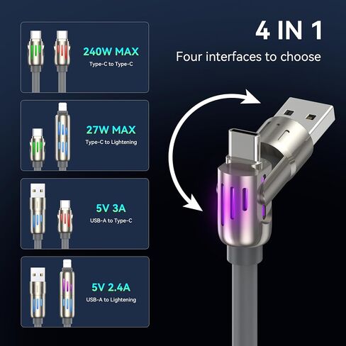 White Cat 4 in 1 Charging Cable,240W Chubby USB C Cable with Breathing Light, USB A/C to C/L Multi Charging Cable Fast Charging for iPhone,Pro Max MacBook, iPad Pro Air, SamSungS24, 4FT 2PC in Saudi Arabia