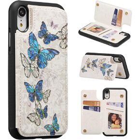 UEEBAI Wallet Case for iPhone XR with Card Holders, PU Leather Cover Kickstand RFID Blocking Double Magnetic Clasp Rilievo Flower Shockproof Flip Case for Women Girls - Tree Vine
