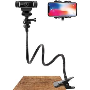 Cell Phone Stand Webcam Stand Phone Holder with Universal 1/4 Inch Screws Flexible Arm 360 Desk Bed Gooseneck Mount Stand for Cell Phone (Black)