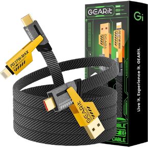 GEARit 100W 4-in-1 Charging Cable - Fast-Charging Flat (4.6 Feet) USB-C to USB-C Cable with USB-A & Lightning Connectors - Universal Multi Device Cord - Compatible with iPhone, MacBook Pro 4.6ft