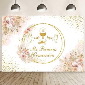 MEHOFOND 7x5ft Boho Mi Primera Comunión Backdrop for Girl Pastel Pink First Holy Communion Photography Background Bohemia Pigeon Floral Gold Glitter Baptism Decor God Bless Party Photo Studio Props
