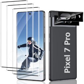 3+2 Pack For Google Pixel 7 Pro Screen Protector 6.7 Inch with Camera Lens Protector, 3D Full Coverage, Support Fingerprint, 9H Tempered Glass, Scratch Resistant, Bubble-Free, Easy Installation