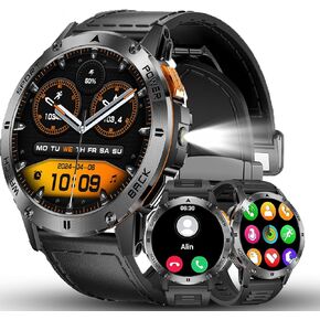 FILIEKEU Man Smartwatch Bluetooth Calls Heart Rate Sleep Monitor Steps Mens Smart Watch IP67 Waterproof Fitness Tracker Military Black Leather Strap Flashlight Smart Watches for Android iOS