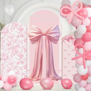 Pink Bow Floral Arch Backdrop Cover Set of 3 with 200 Balloons 4/5/6 ft Fabric Pink White Wedding Chiara Arch Covers for Coquette Bow Party Birthday Wedding Bridal Shower Party Decorations