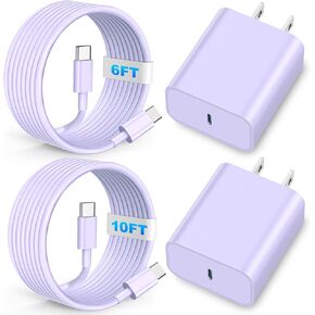 Compatible with iPhone 16/15 Charger, 20W Fast Charging Wall Charger Block Cubes with 6/10Ft USB C to USB C Cable Compatible with iPhone 16/Plus/Pro Max/15/Plus/Pro Max/iPad Pro Purple 2Pack
