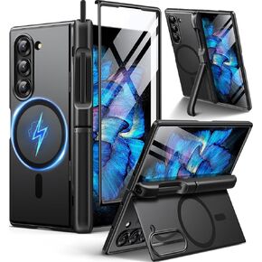Berfy Magnetic Armor Stand for Samsung Galaxy Z Fold 6 مع واقي الشاشة ، وحامل القلم المدمج في S و 2 Kickstands غير مرئية ، [متوافق مع Magsafe] علبة صدمة كاملة للجسم لـ Z Fold 6 ، Black